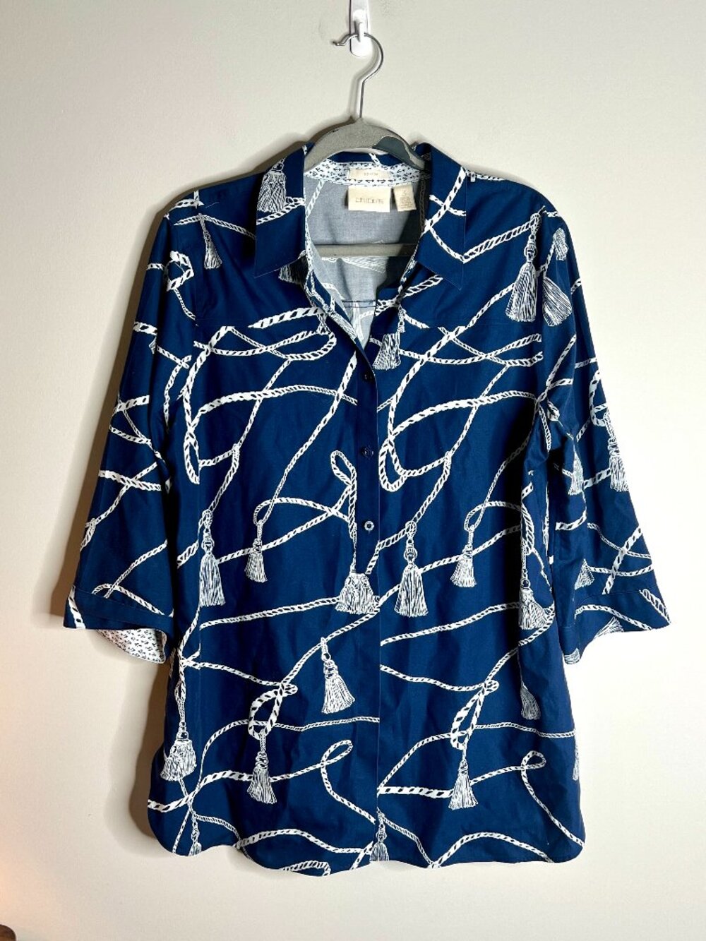 Chico's Non-Iron Rope Tassel Print Button-Up Coastal Preppy Nautical Navy Sz XL